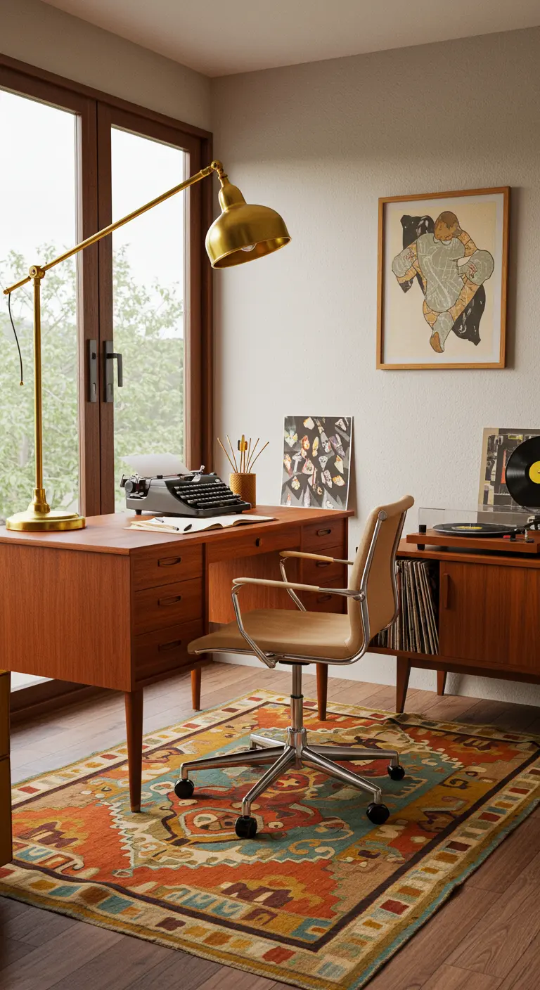 Bureau en teck de style mid-century avec lampe en laiton, tapis kilim et tourne-disque.