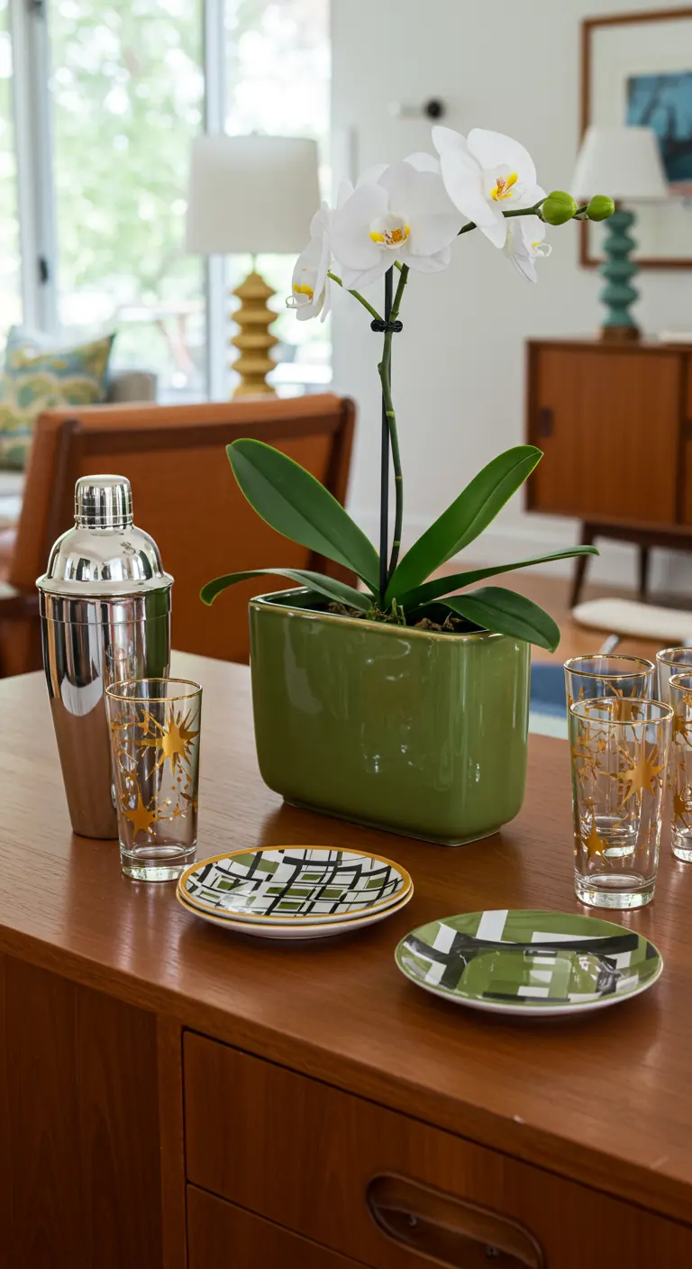 Coin bar Mid-Century Modern avec une orchidée, un shaker et des verres vintage