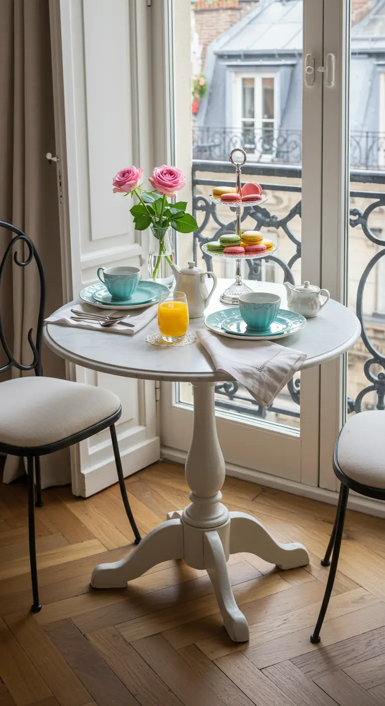 Petite table de bistrot dressée pour deux devant une fenêtre parisienne, avec des macarons.