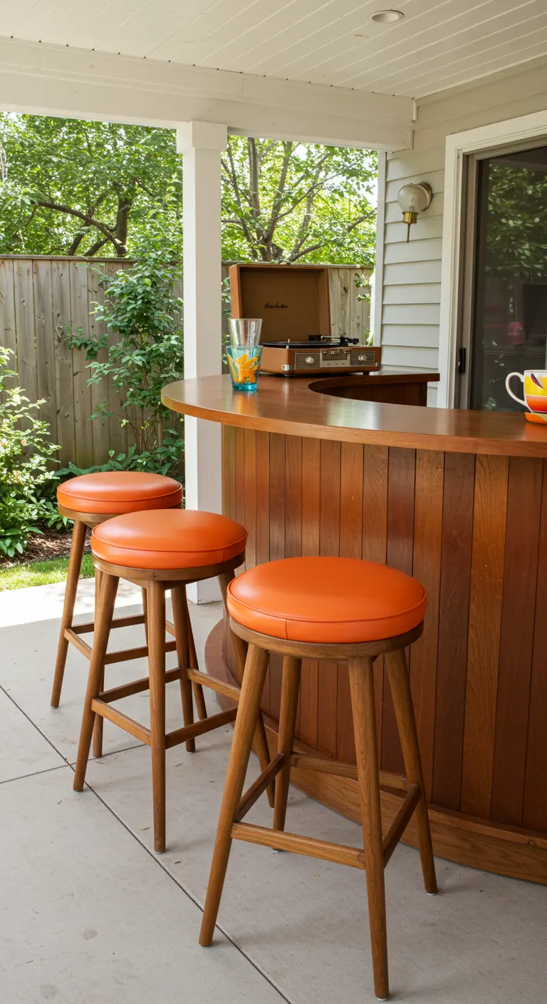 Bar d'extérieur de style Mid-Century avec des tabourets ronds en vinyle orange.