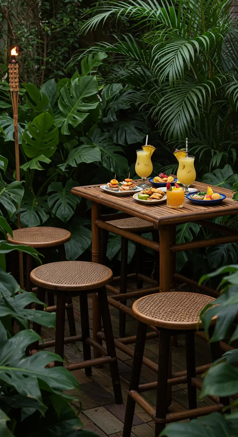 Bar en bambou entouré de plantes tropicales luxuriantes.