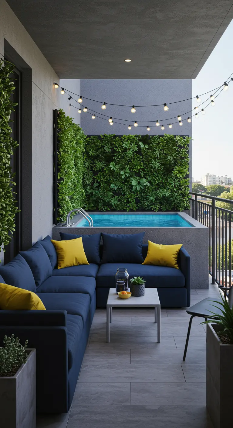 Balcon urbain avec mini-piscine, mur végétal, canapé bleu et coussins jaunes.