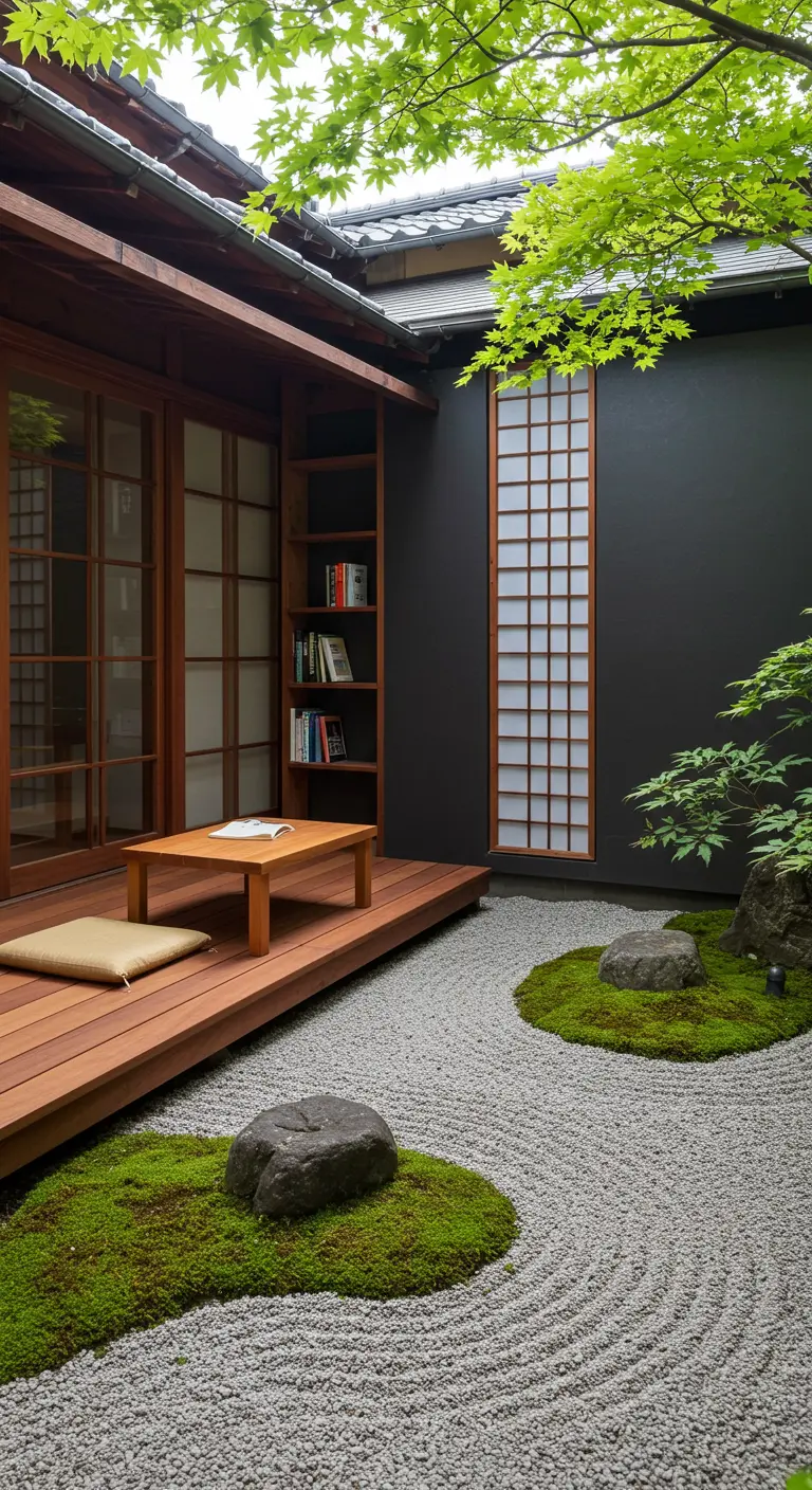 Étagère murale en bois dans un patio japonais avec jardin zen.