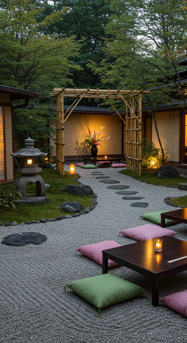 Jardin d'inspiration japonaise avec une arche en bambou, des tables basses et des coussins au sol.