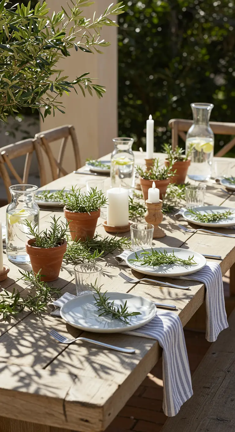 Table en bois en extérieur avec plantes de romarin en pots, bougies blanches et nappes rayées.