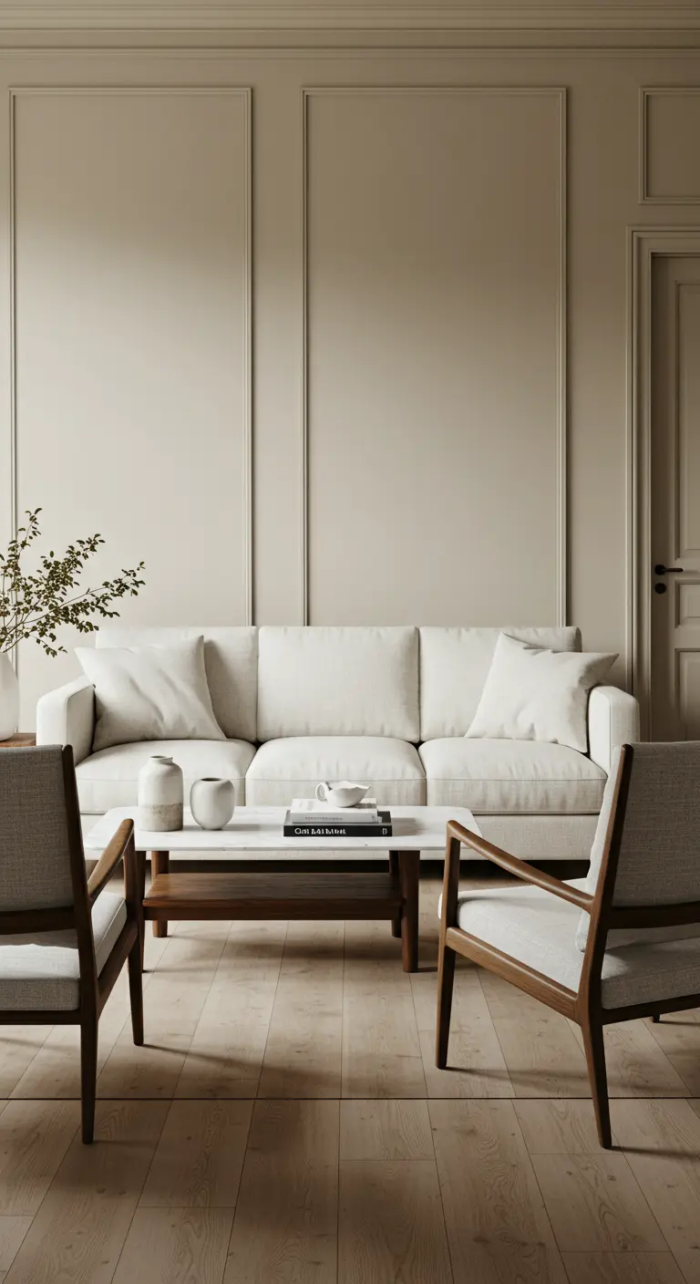 Salon élégant avec canapé blanc, fauteuils en bois clair, table basse marbre et bois, et murs moulurés beiges.