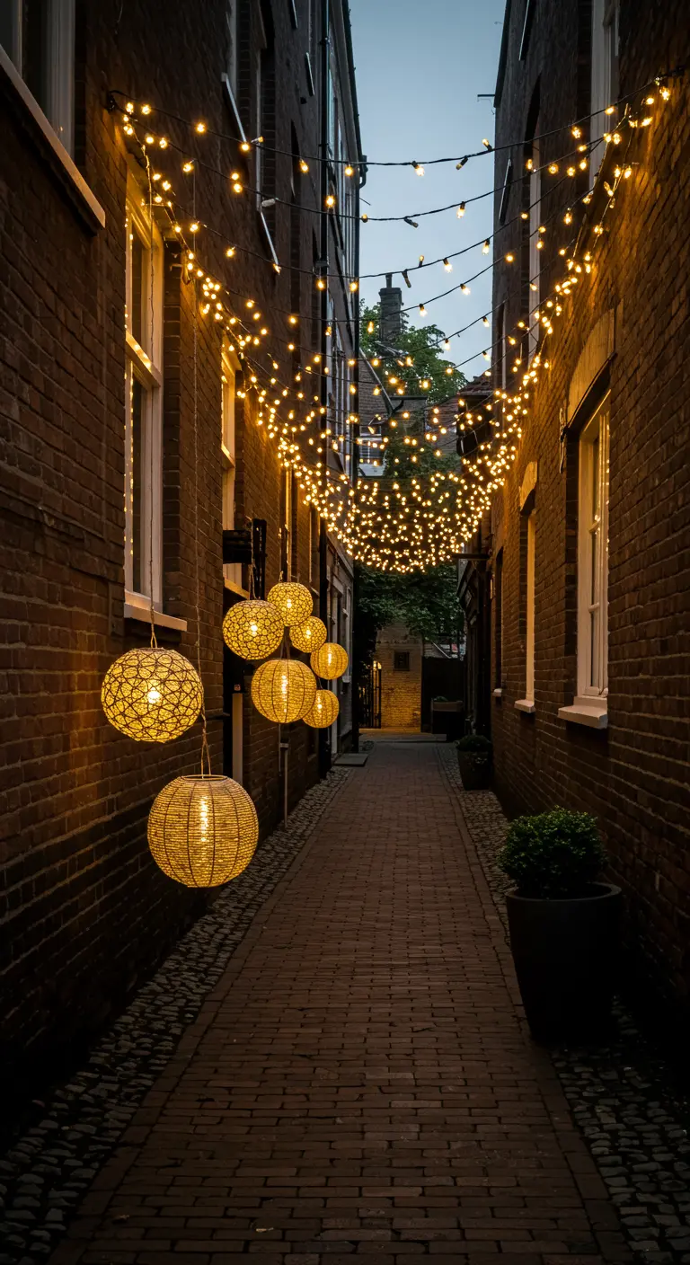 Ruelle étroite en briques avec guirlandes lumineuses suspendues et grandes lanternes sphériques en rotin.