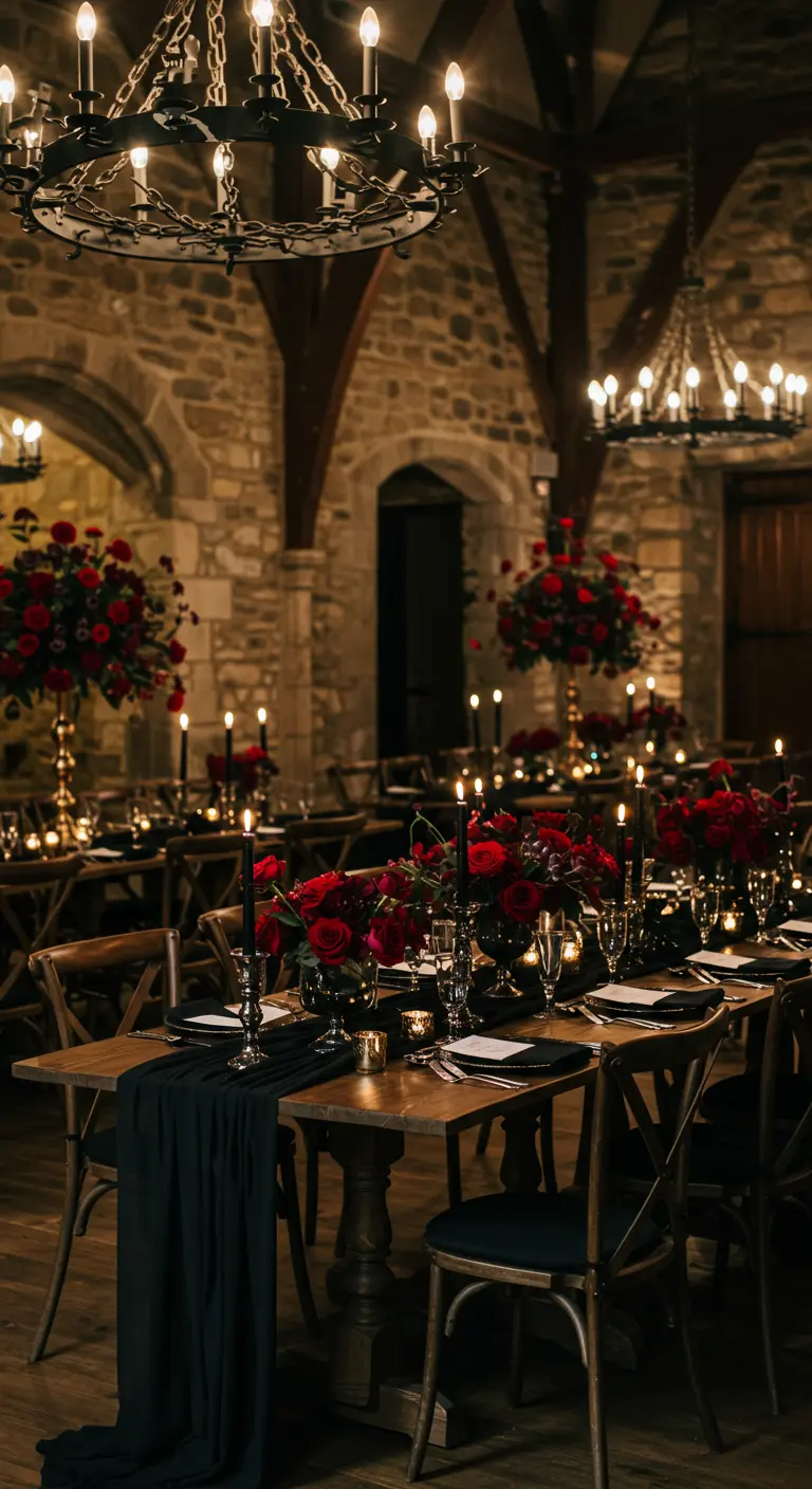 Table de mariage gothique avec des roses rouges intenses, des bougies noires et des murs en pierre.