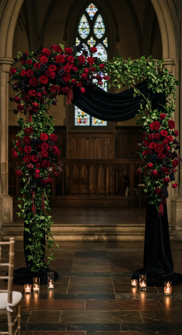 Arche de roses rouges intenses et de lierre avec un drapé noir dans une église.