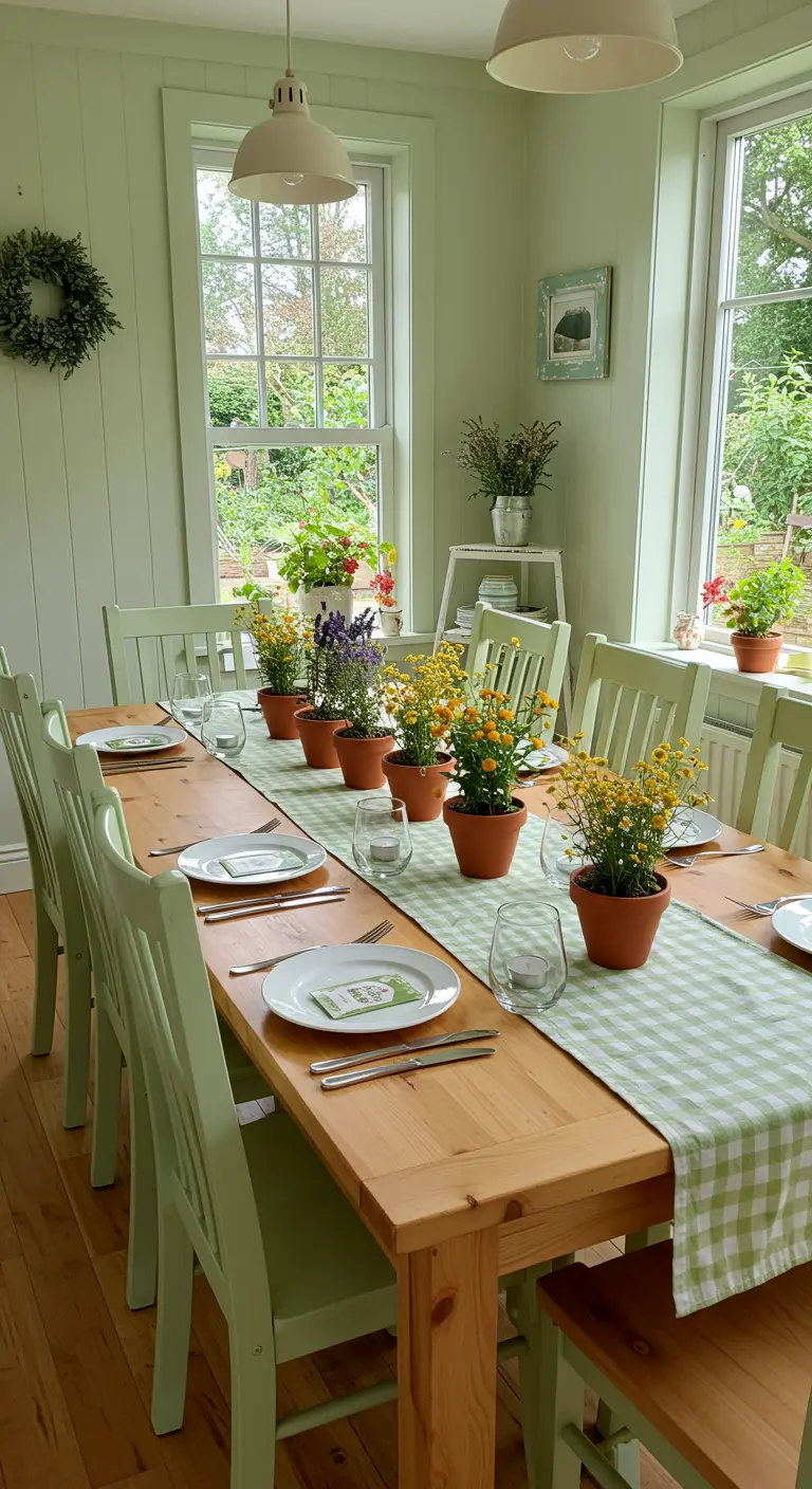 Longue table en bois avec chemin de table vichy vert, petits pots de fleurs jaunes et lavande, chaises vert pastel.