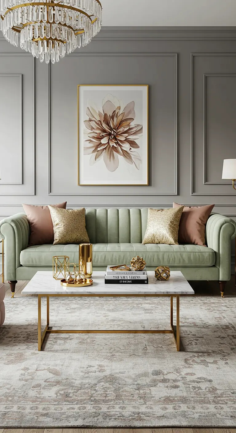 Canapé vert d'eau de style classique avec des coussins rose poudré et doré à paillettes.