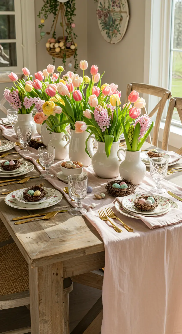Table de Pâques rustique avec bouquets de tulipes pastel et nids d'oiseaux.
