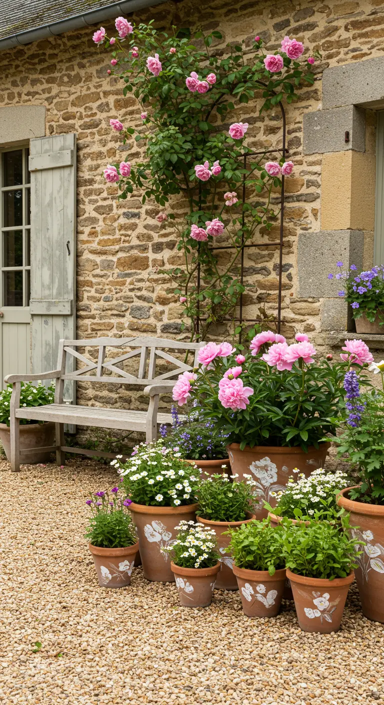 Banc en bois patiné devant un mur en pierre, entouré de pots de pivoines roses.