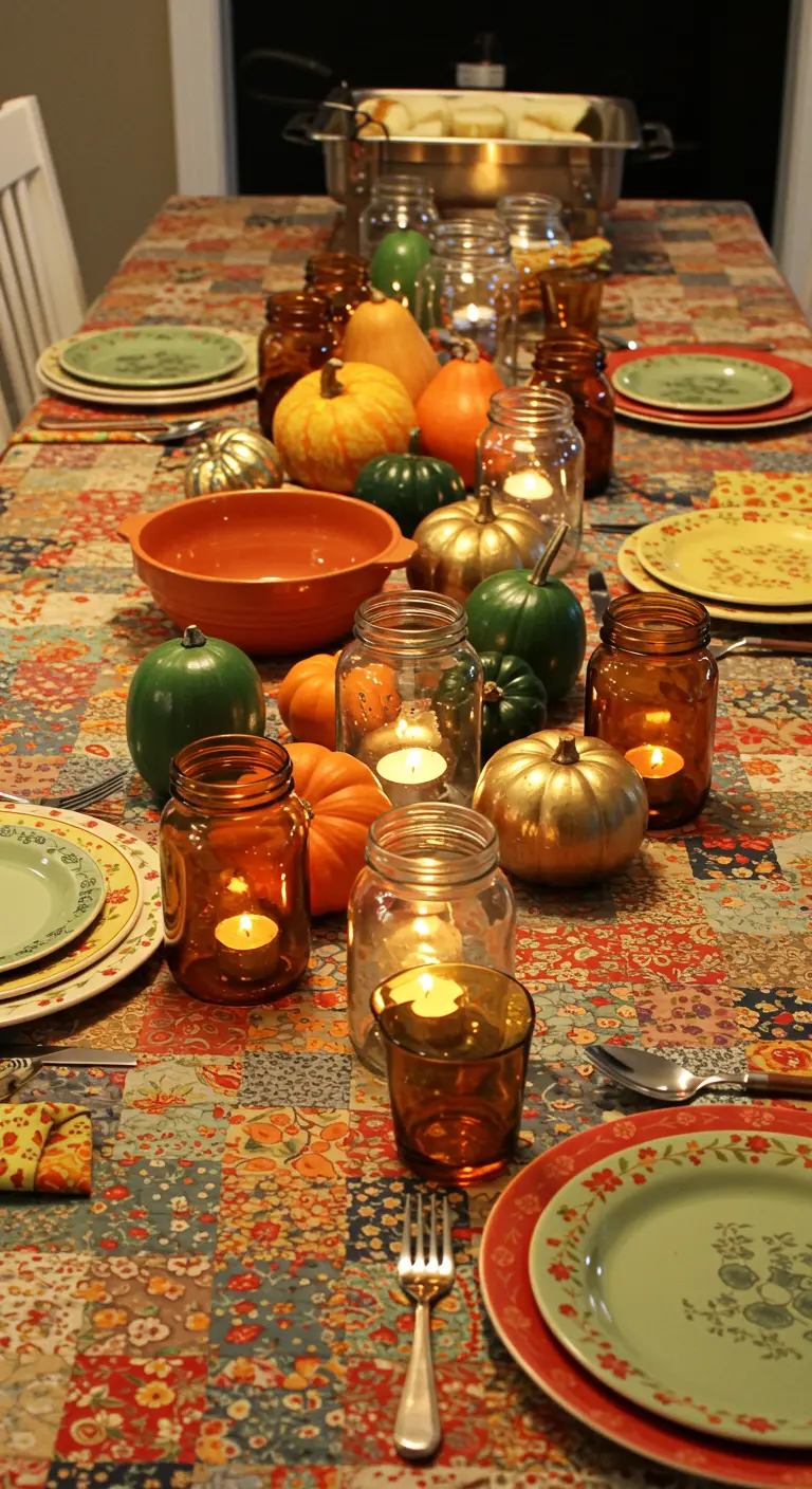 Une longue table recouverte d'une nappe patchwork, décorée de bocaux lumineux, de citrouilles et de verres colorés.