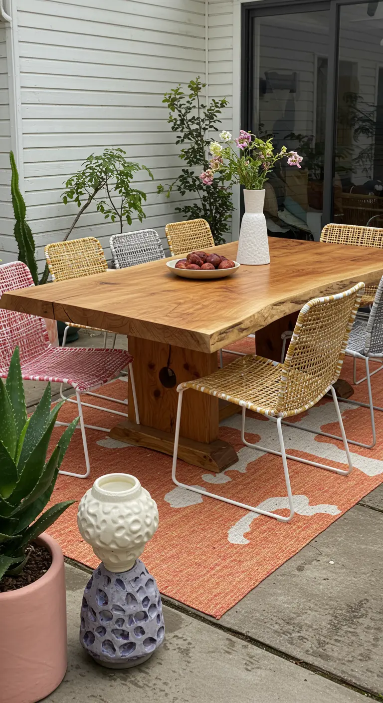 Table en bois massif entourée de chaises en rotin dépareillées sur un tapis coloré.
