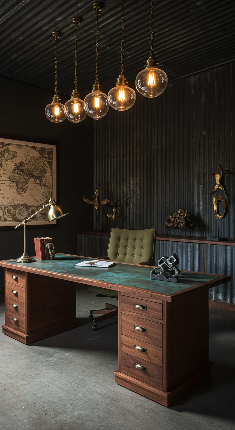 Bureau avec plateau patiné vert-de-gris devant un mur en tôle ondulée noire.