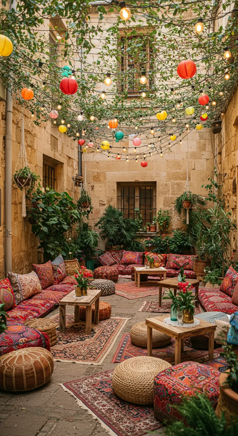 Patio bohème avec salon de jardin coloré, guirlandes lumineuses et lampions suspendus.
