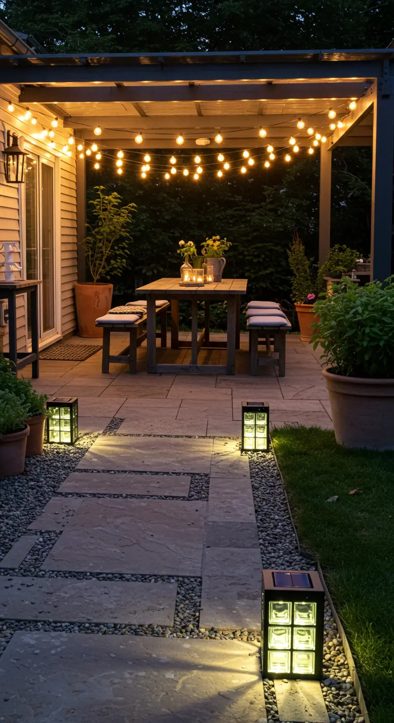 Patio avec table de jardin en bois sous une guirlande lumineuse, et chemin de dalles éclairé par des lanternes solaires.