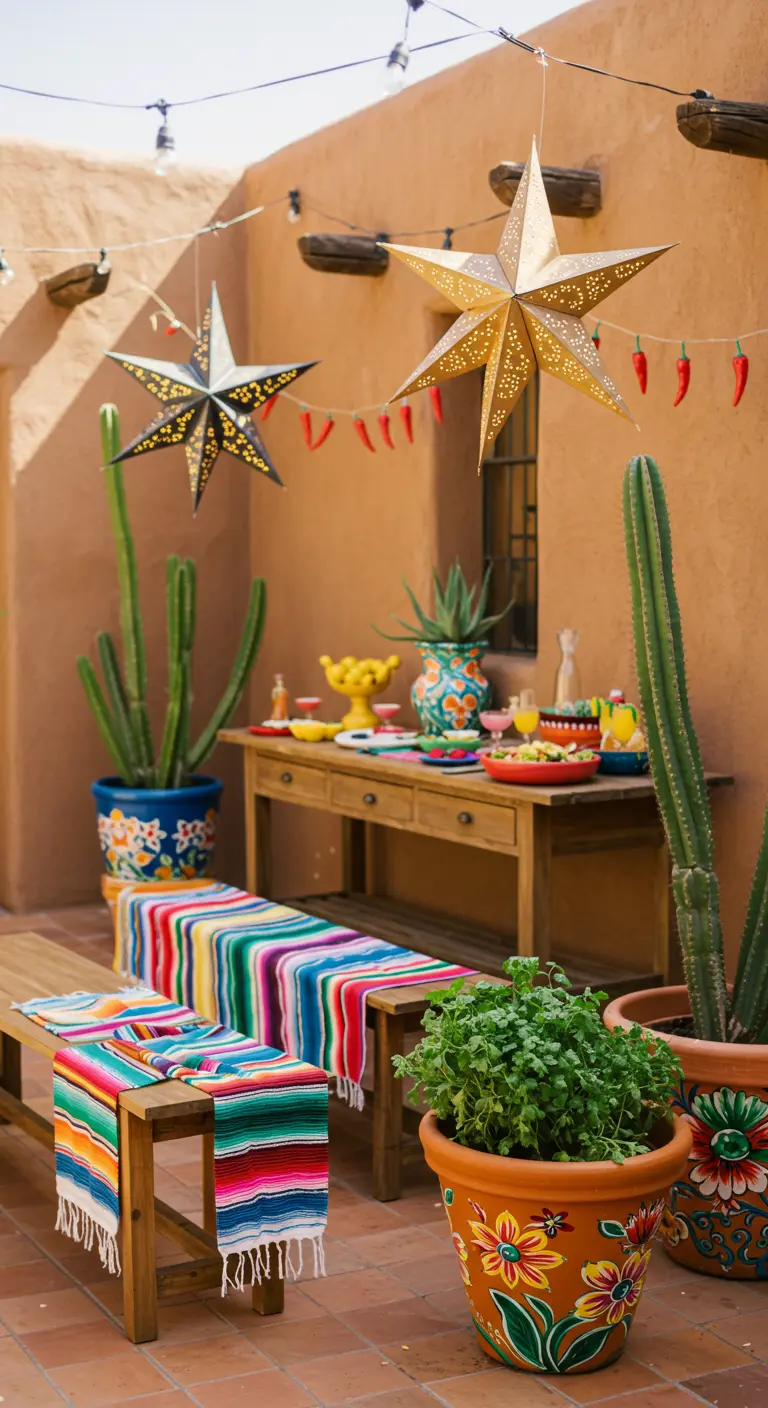 Patio de style sud-ouest avec des textiles colorés, des lanternes en étoile et des cactus.