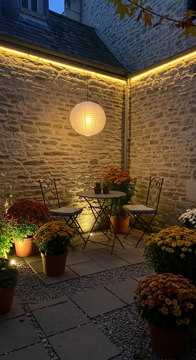Petit patio en pierre illuminé par une guirlande LED murale et une lanterne en papier, avec des chrysanthèmes en pot.