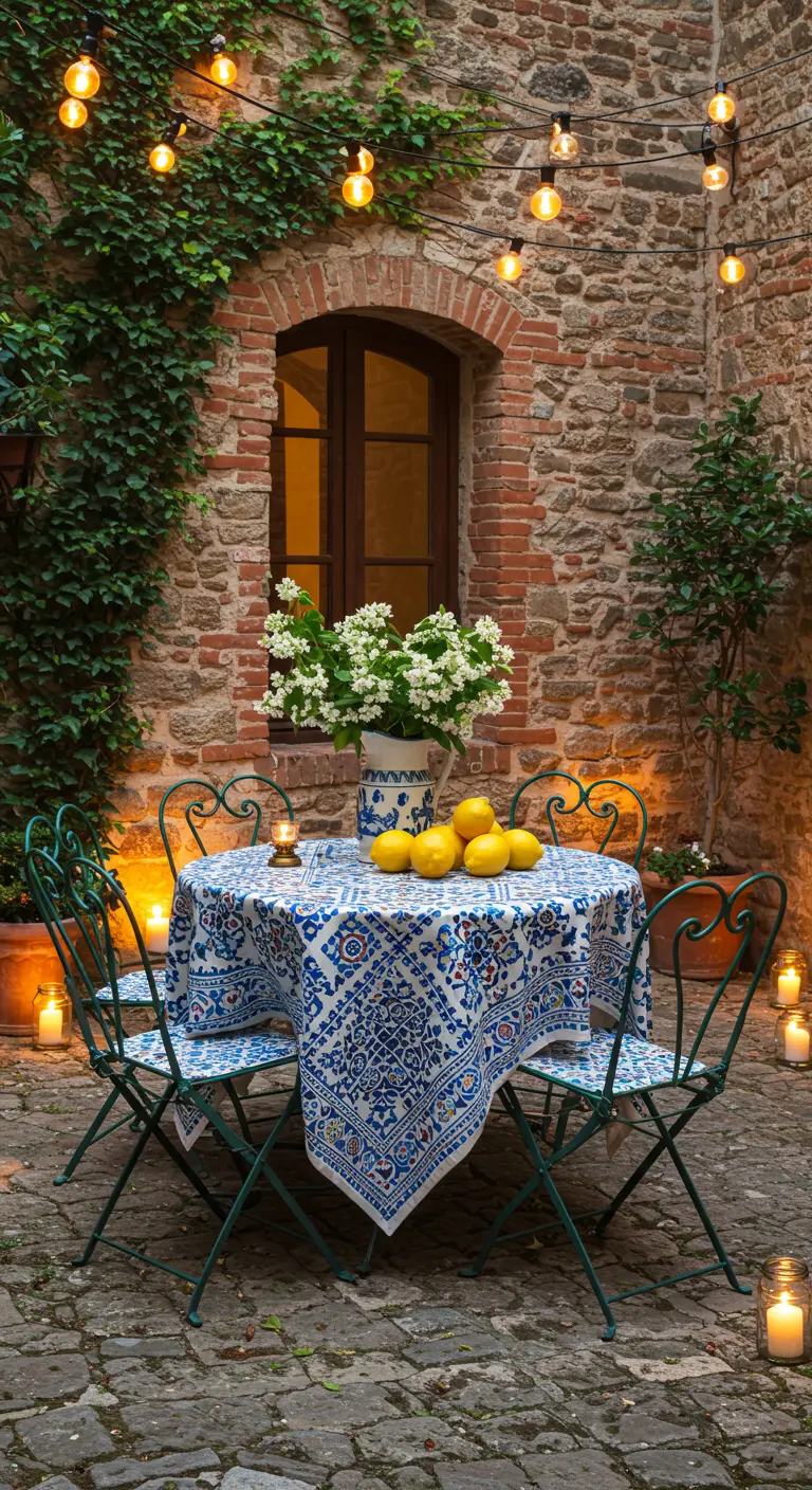 Patio en pierre avec table bistro aux motifs bleus, guirlandes lumineuses, citrons et bougies au sol.