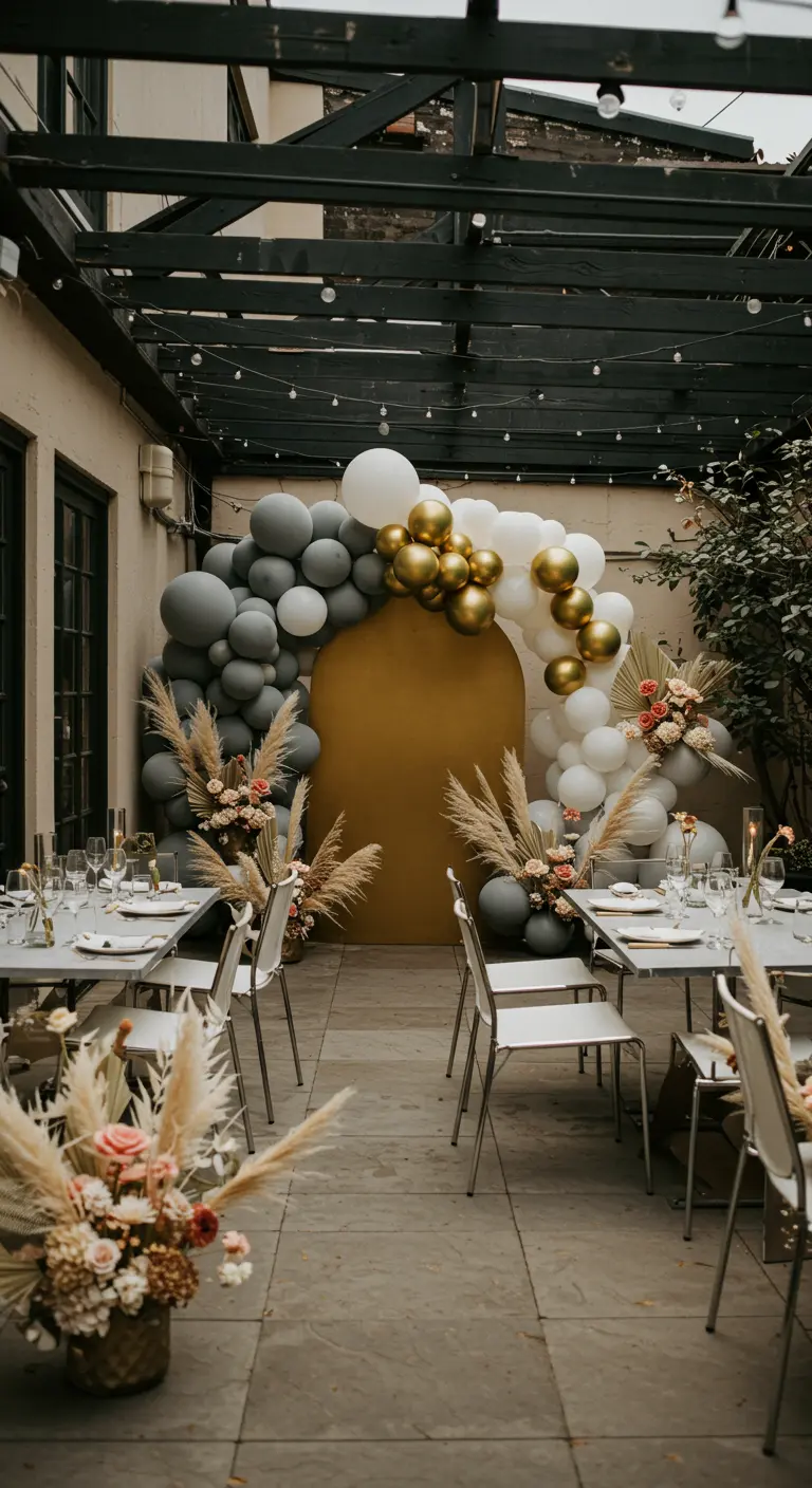 Arche de ballons gris, blancs et dorés sur un patio moderne avec des tables de réception.