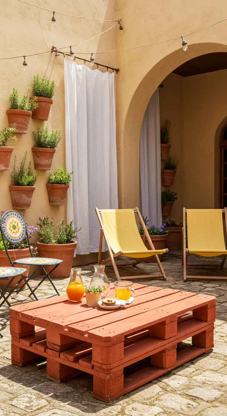 Patio méditerranéen avec table en palettes orange terre, mur d'herbes aromatiques.