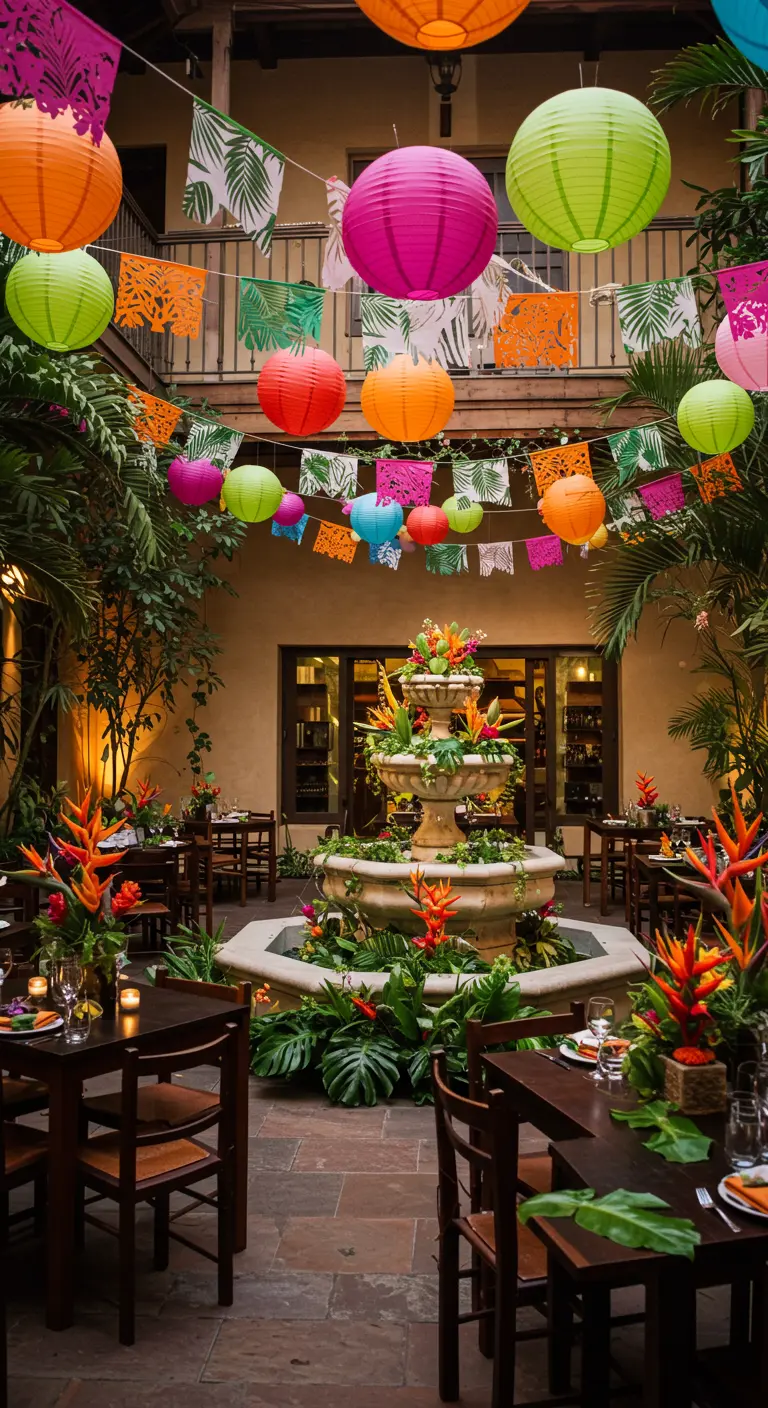 Patio tropical avec fontaine, plantes exotiques, lampions et fanions multicolores, ambiance festive.