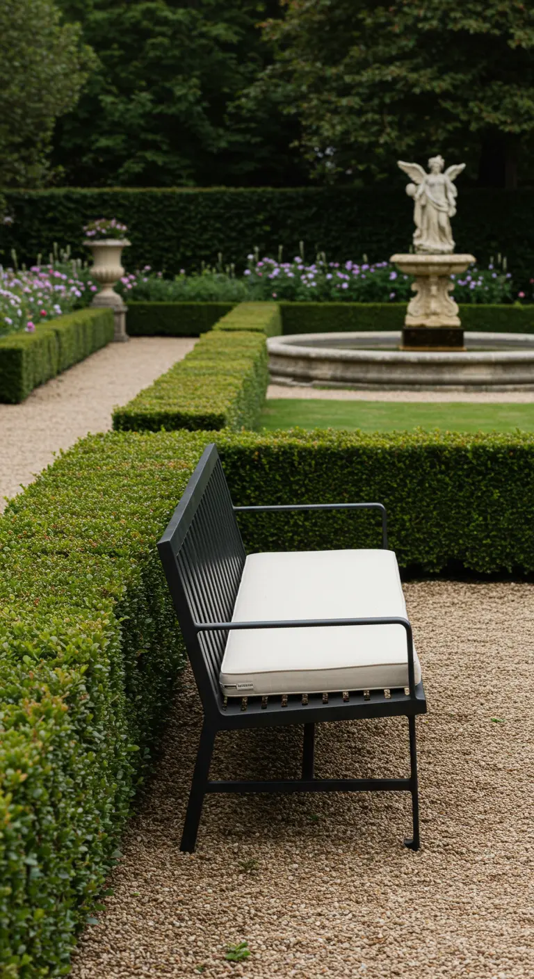 Banc de jardin noir et écru dans un jardin formel avec des haies de buis et une fontaine.