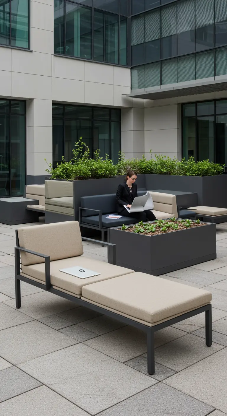 Mobilier d'extérieur modulaire noir et écru dans une cour de bureau moderne.