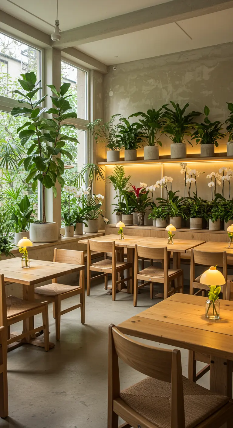 Café lumineux avec tables en bois clair, chaises, et étagères remplies de plantes vertes et orchidées illuminées.