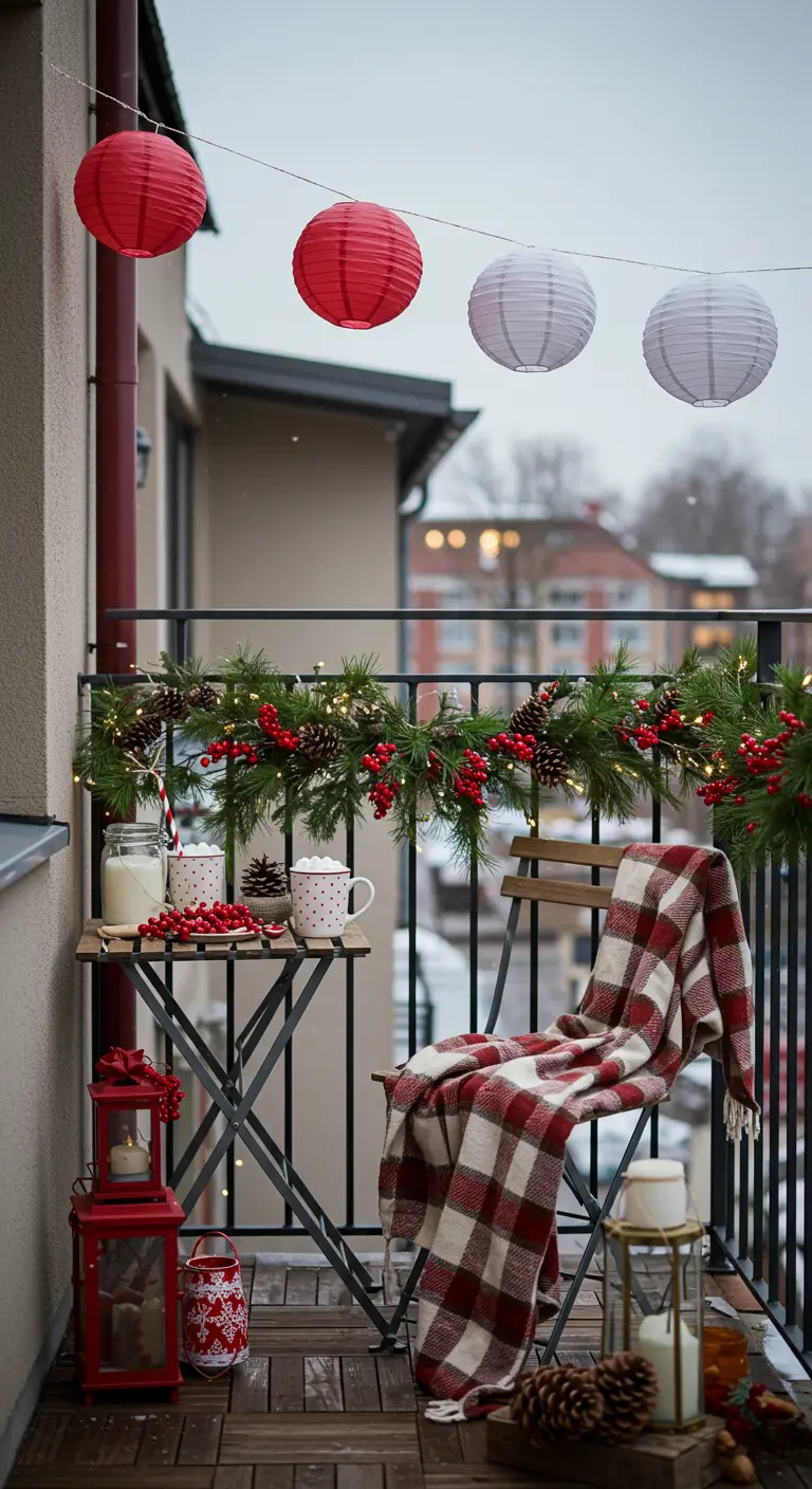 Balcon décoré pour Noël avec lampions, plaid et chocolat chaud.