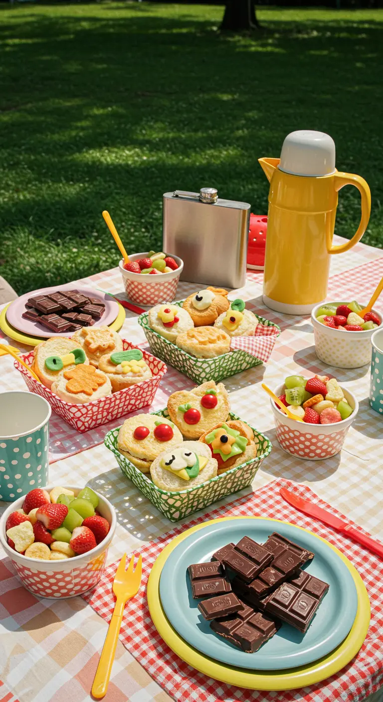 Pique-nique joyeux avec petits gâteaux en paniers, salades de fruits et thermos jaune sur nappe à carreaux.
