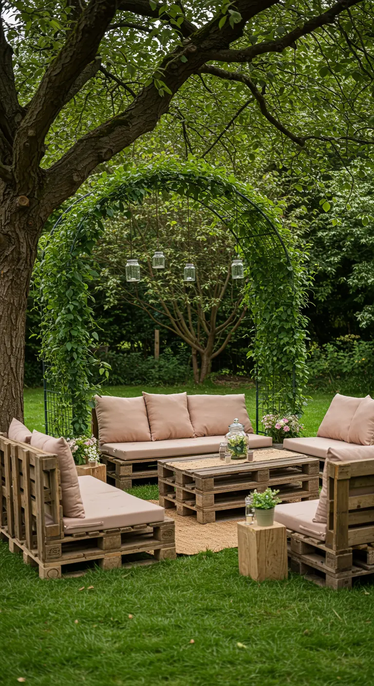 Salon de jardin en palettes sous une arche de verdure, avec des lanternes en bocal suspendues.