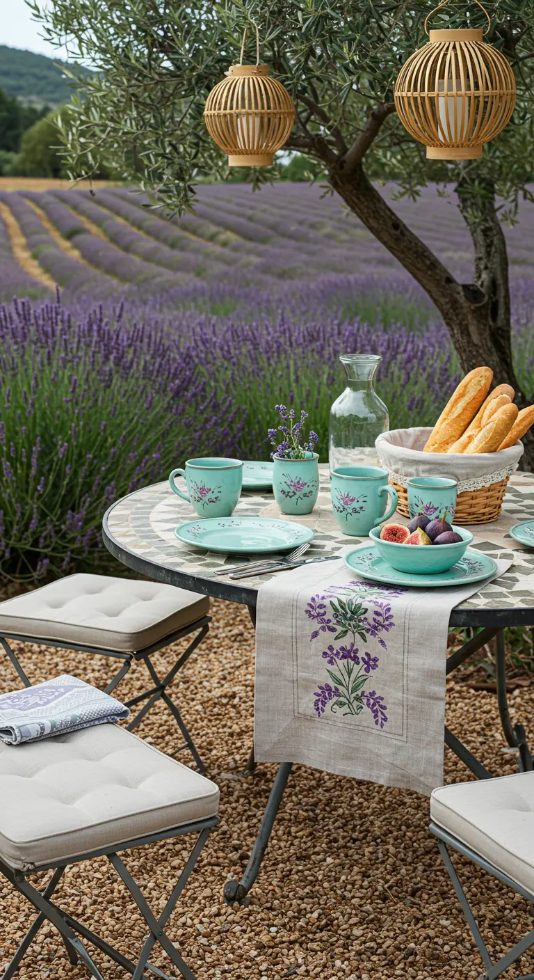 Table de style provençal dans un champ de lavande, avec des lanternes suspendues.