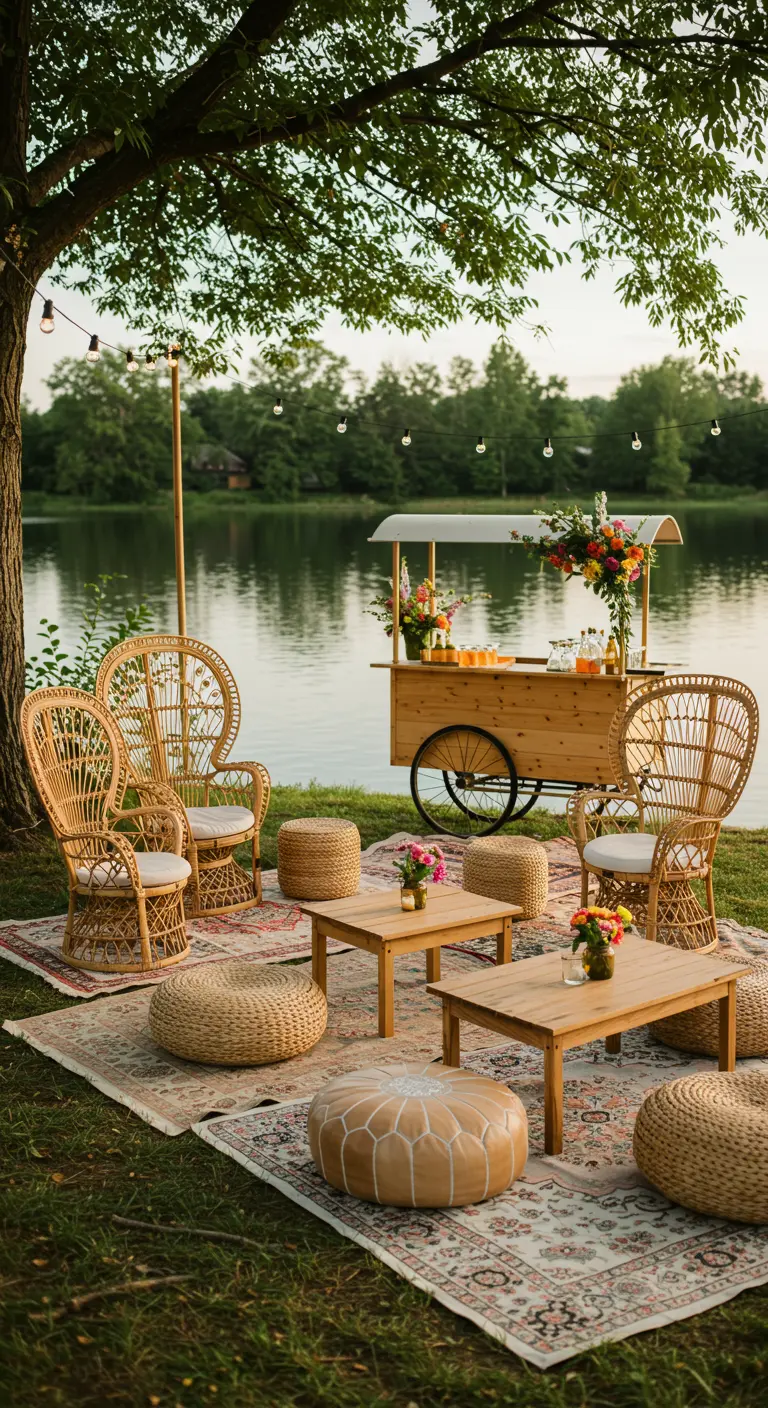 Salon de jardin bohème au bord d'un lac avec fauteuils en rotin, poufs, tapis orientaux, guirlandes lumineuses et chariot bar.