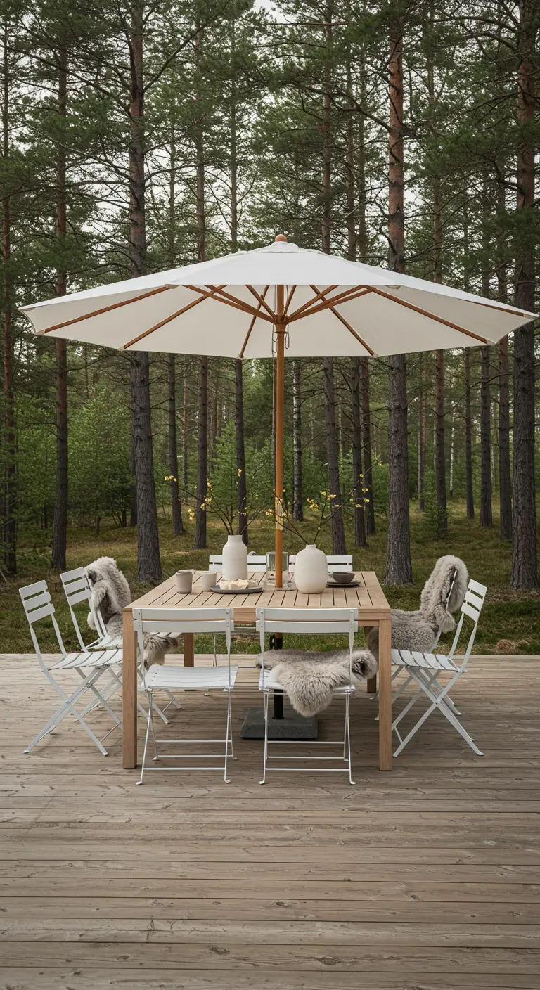 Table en bois clair, chaises blanches, parasol blanc en forêt avec peaux de mouton et vases simples.