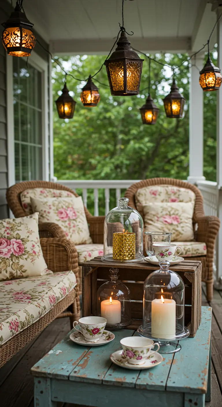 Porche de style shabby chic avec fauteuils en rotin, lanternes et bougies sous cloches.