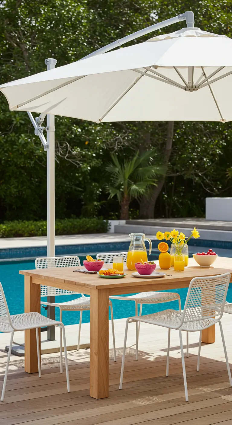 Table en bois près d'une piscine avec des chaises blanches et des accessoires de table colorés.