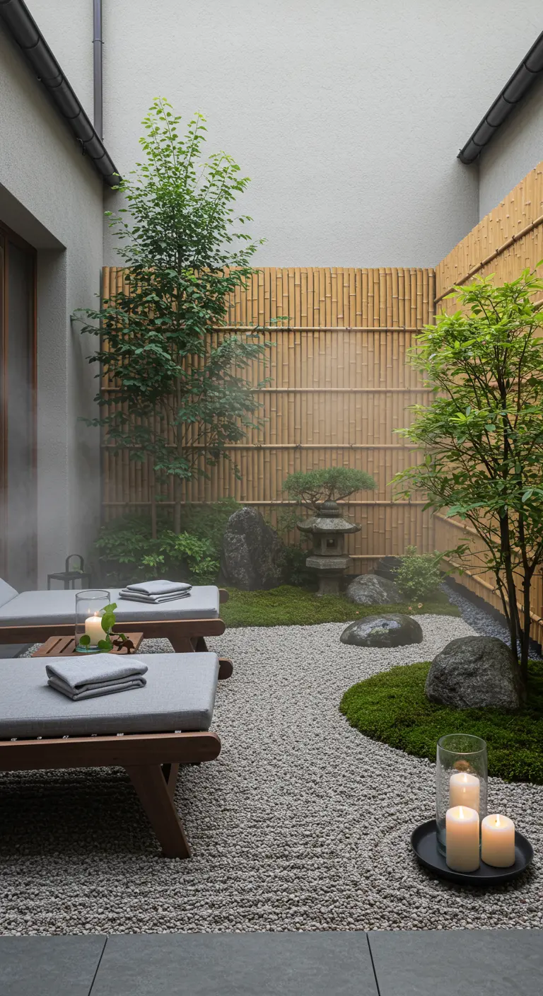 Jardin japonais avec clôture en bambou, gravier, mousses, érables et chaises longues minimalistes.