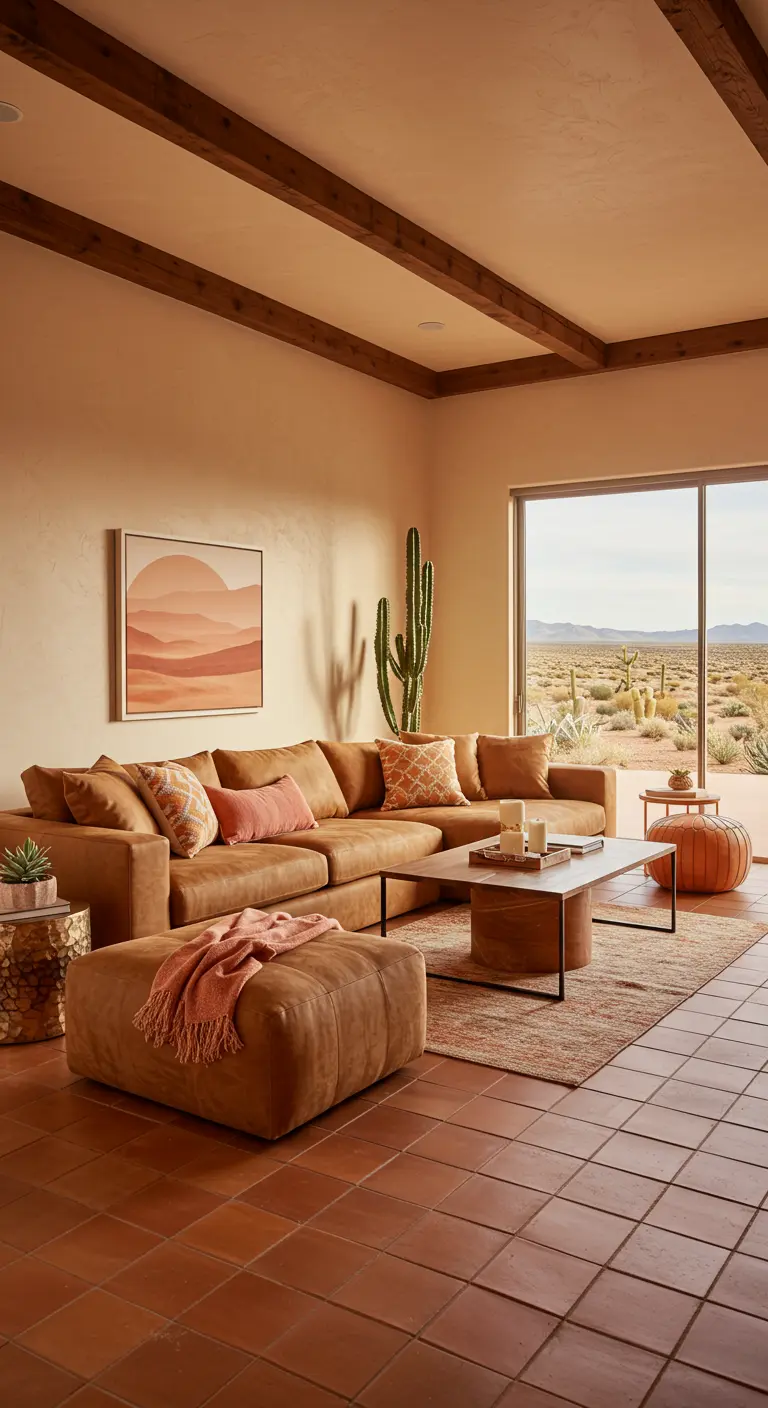 Canapé en cuir camel dans un salon de style sud-ouest avec des coussins aux couleurs du désert.