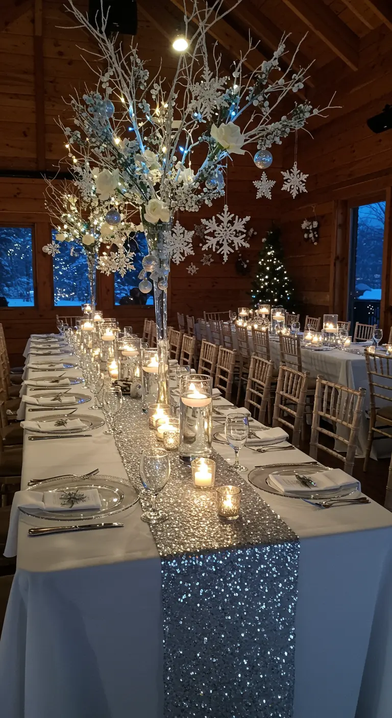 Longue table de réception décorée de branches blanches lumineuses, flocons, bougies et chemin de table pailleté.