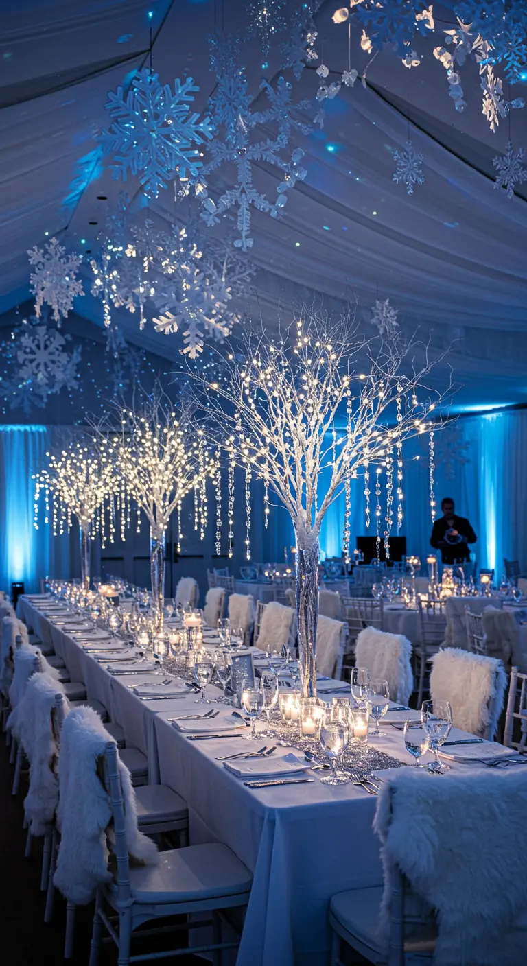 Longue table de dîner décorée d'arbres blancs lumineux avec des cristaux, sous des flocons de neige suspendus.