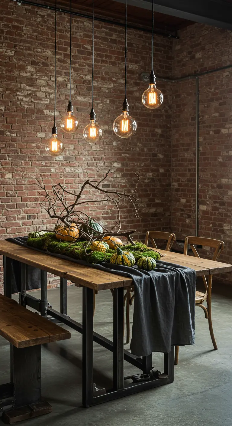 Table industrielle avec chemin de table sombre, mousse et branches.