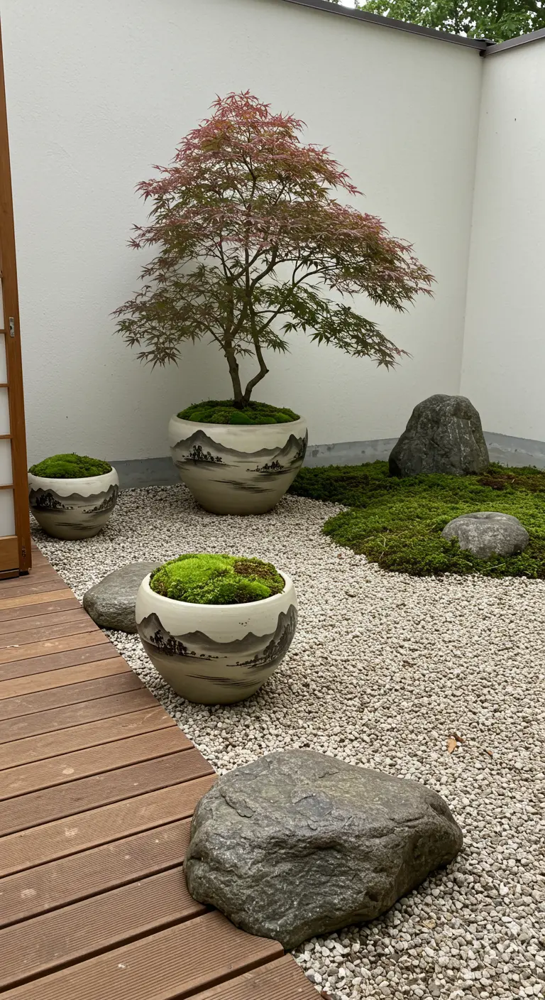 Pots de style japonais peints avec un paysage de montagne dans un jardin zen.