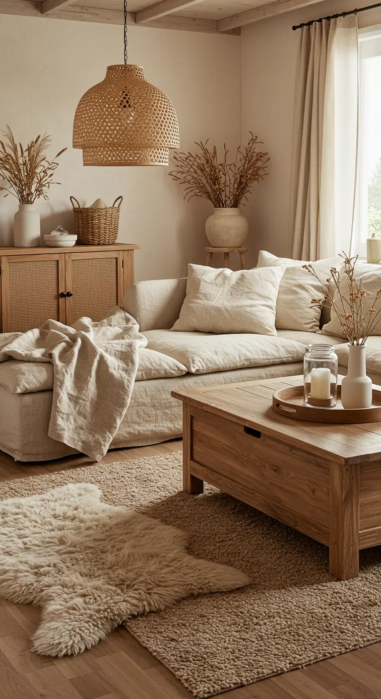 Salon bohème aux tons clairs, canapé beige, table basse en bois, grand tapis en jute et petite peau de mouton.