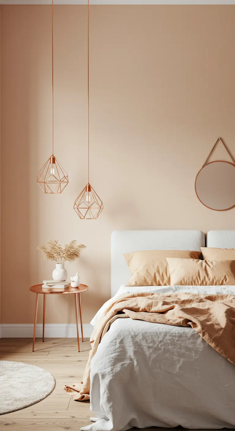 Chambre douce avec des murs couleur pêche, des suspensions en cuivre et du linge de lit clair.