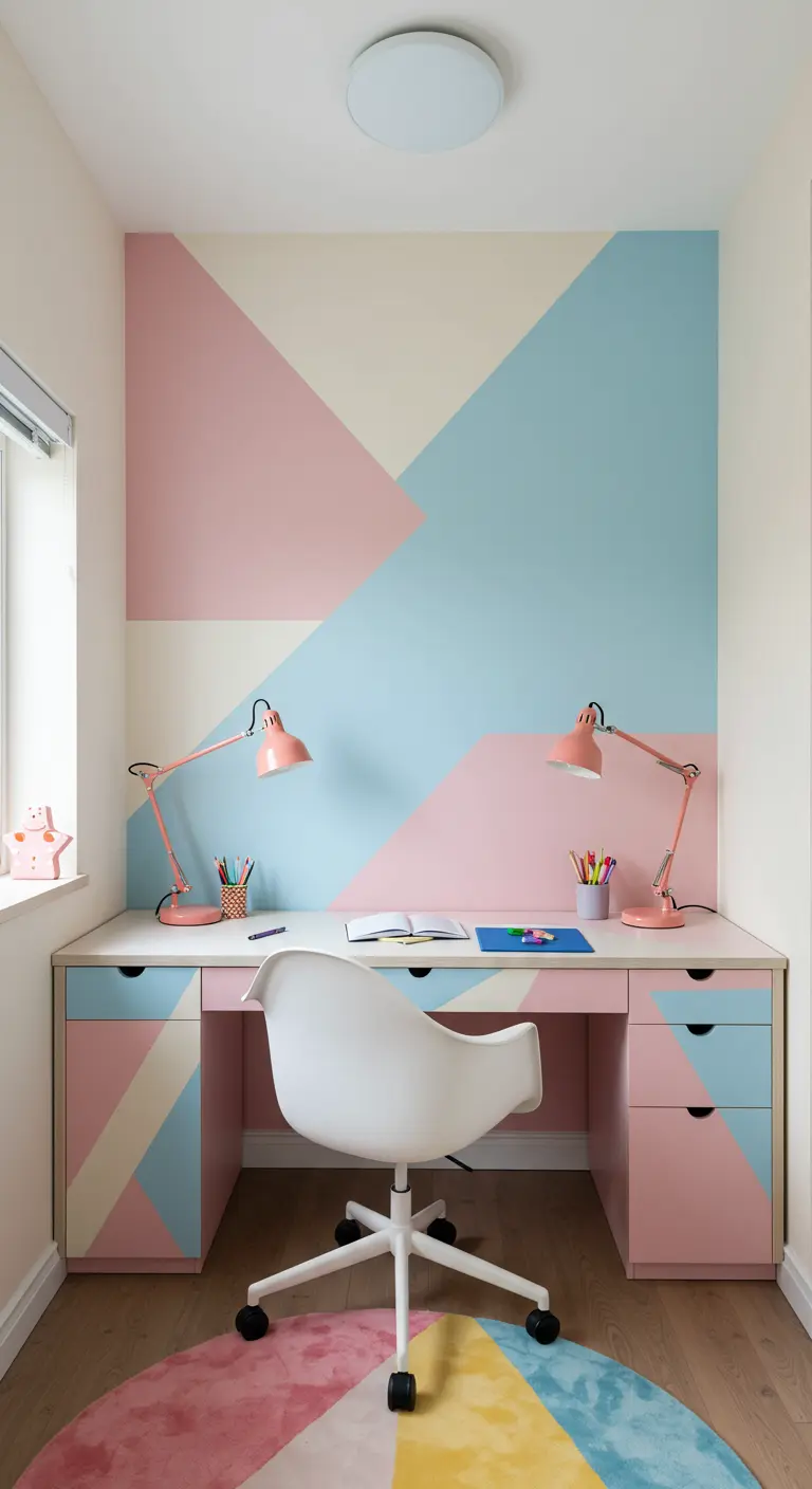 Bureau enfantin avec mur géométrique pastel rose et bleu, bureau assorti et chaise blanche