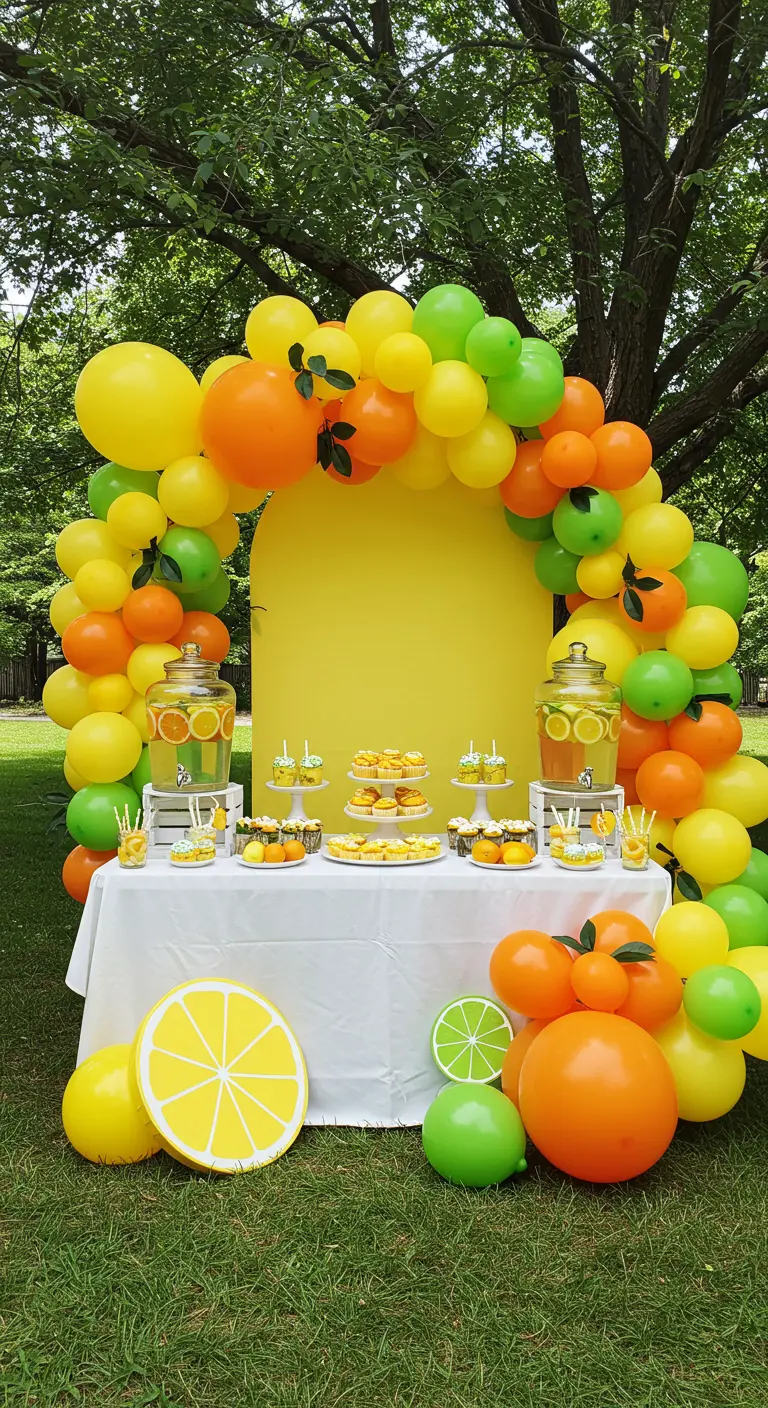 Arche de ballons jaunes, verts et oranges avec un thème citronné pour une fête en extérieur.