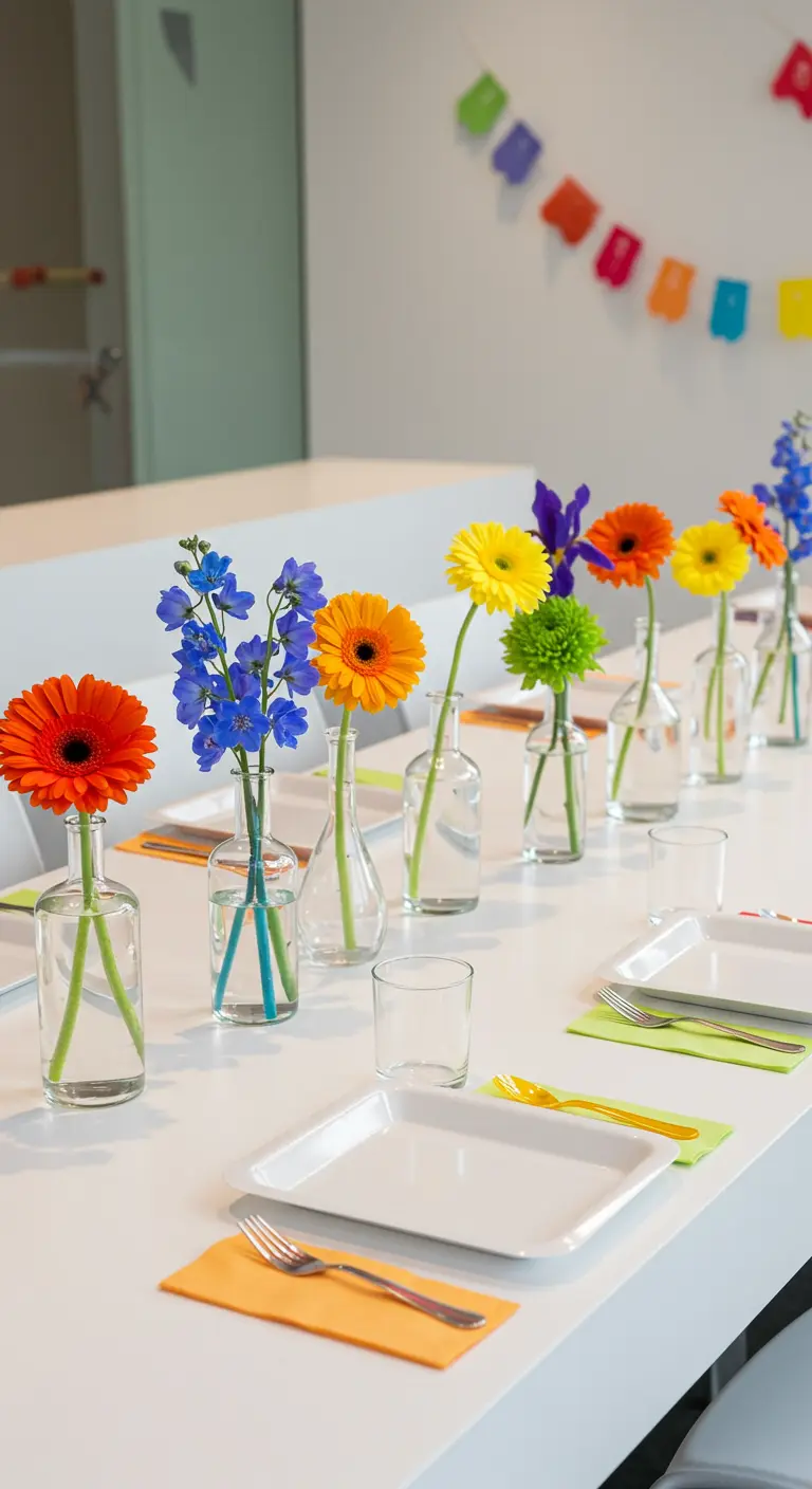 Longue table blanche avec des fleurs gerberas colorées dans de petits vases individuels.